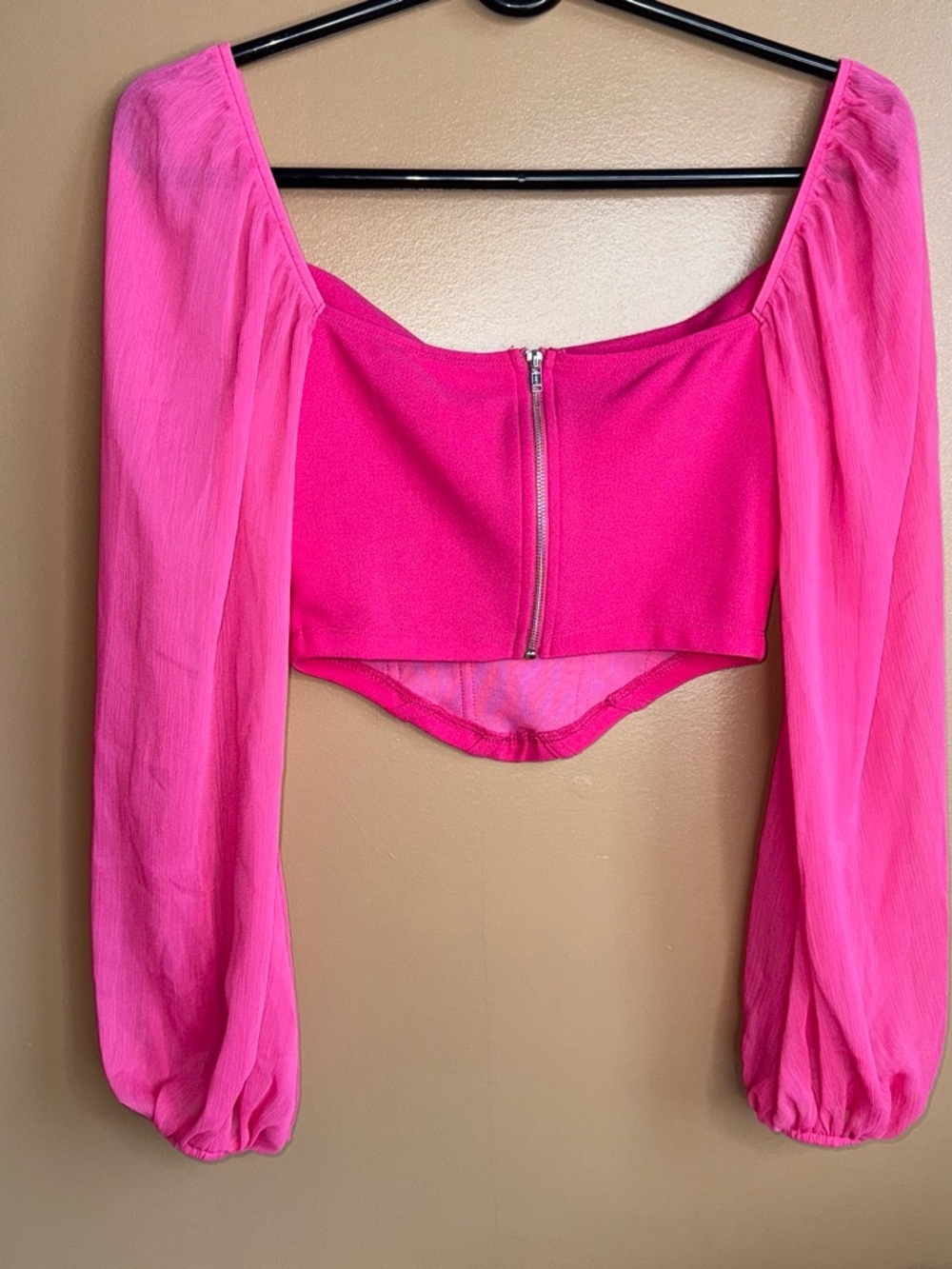 SHEIN Hot Pink Sheer-Sleeve Cropped Top